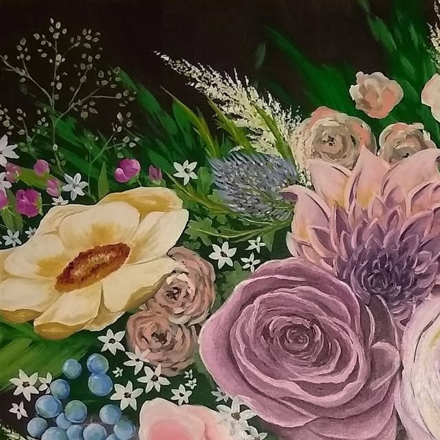 Painting of a lush bouquet of mauve roses, cream blooms and wispy greenery