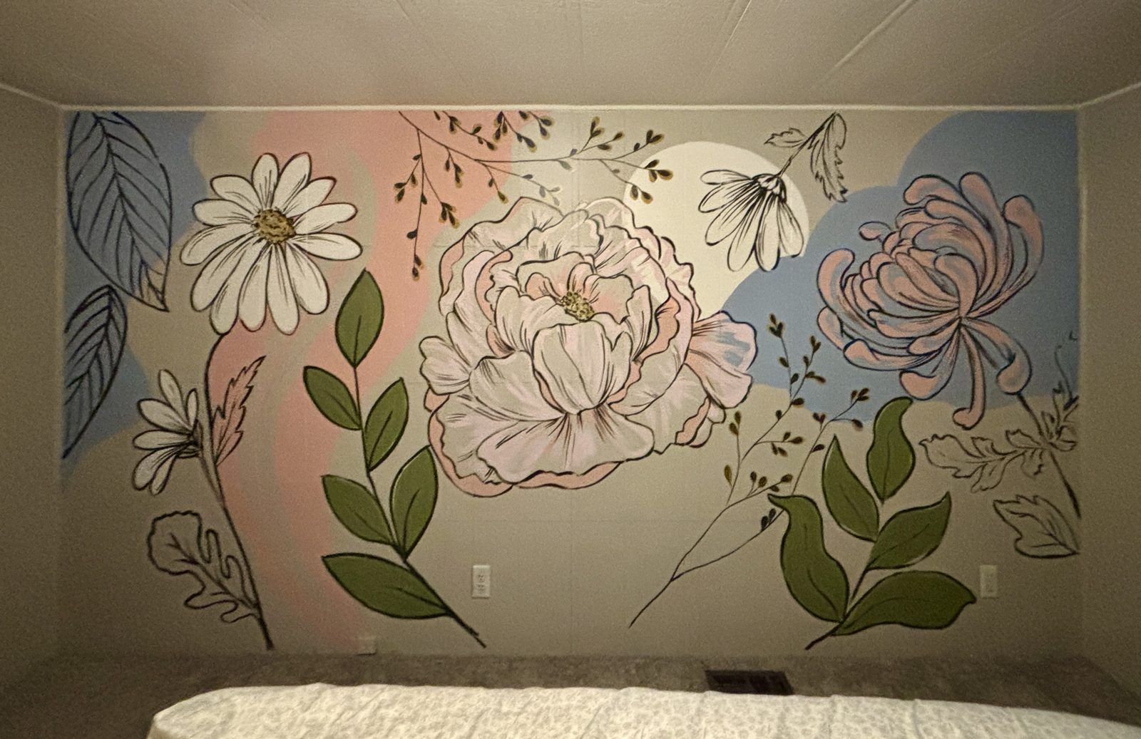 Whimsical bedroom mural of a peony, daisy and chrysanthemum outlined in black over soft pink, blue and cream color shapes