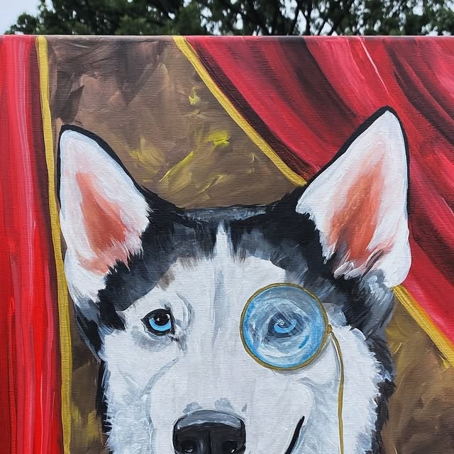 Portrait of a husky with one blue eye wearing a monocle in front of red theater curtains